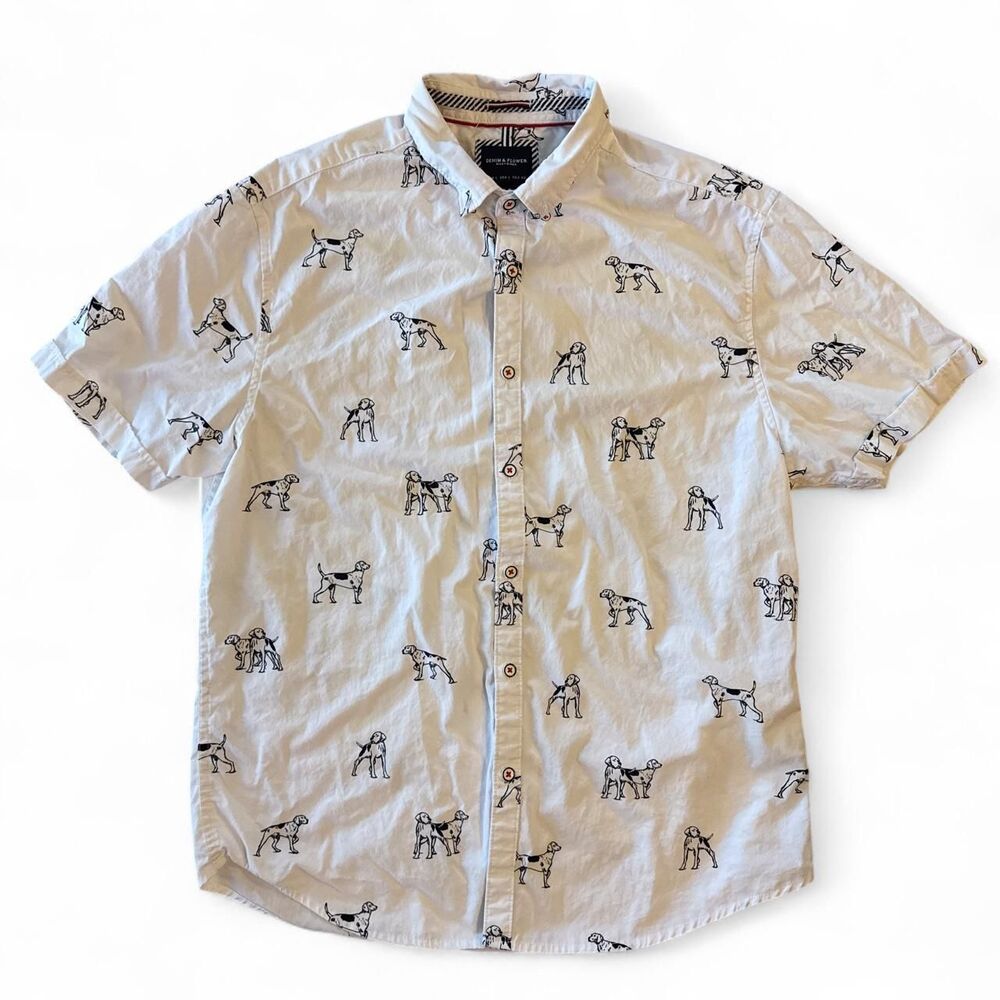 Denim & Flower Ricky Singh Dog Print Button-Up Shirt Men’s Large Slim Fit White